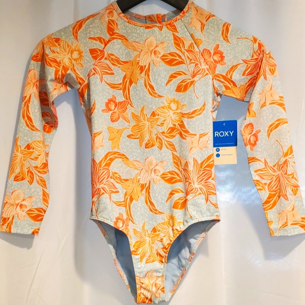 NWT Roxy Girls Long Sleeve One Piece Swimsuit  10/M  Blue & Peac…